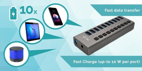 I-TEC USB 3.0 Charging HUB 10-porttinen portti ulkoisella virtalähteellä 48W 10x USB-latausportti tableteille kannettaville ultrabookeille PC (U3CHARG
