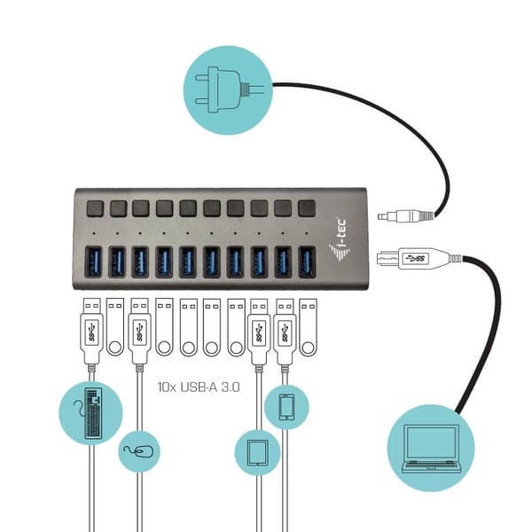 I-TEC USB 3.0 Charging HUB 10-porttinen portti ulkoisella virtalähteellä 48W 10x USB-latausportti tableteille kannettaville ultrabookeille PC (U3CHARG