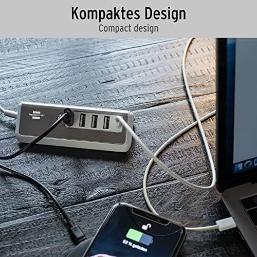 brennenstuhl®Estilo USB-oplader med hurtigopladningsfunktion / multi-USB ladestation med rustfri ståloverflade og 1,5m tekstilkabel (4x USB-A ladestik