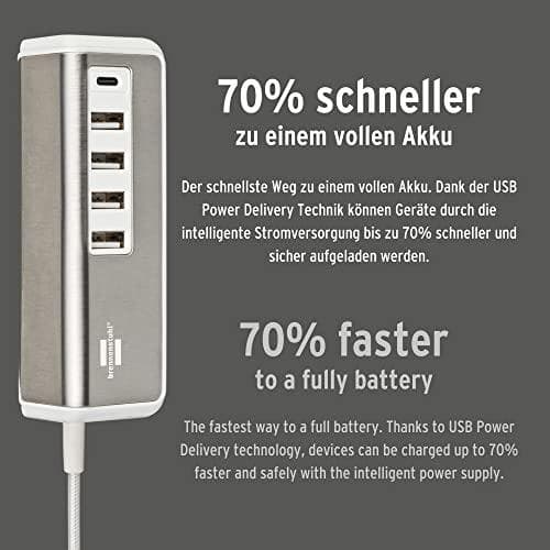 brennenstuhl®Estilo USB-oplader med hurtigopladningsfunktion / multi-USB ladestation med rustfri ståloverflade og 1,5m tekstilkabel (4x USB-A ladestik