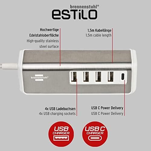 brennenstuhl®Estilo USB-oplader med hurtigopladningsfunktion / multi-USB ladestation med rustfri ståloverflade og 1,5m tekstilkabel (4x USB-A ladestik