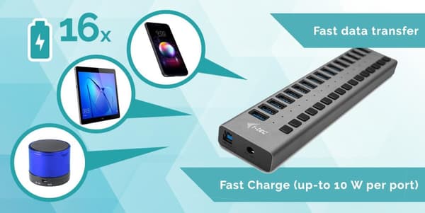 I-TEC USB 3.0 Charging HUB 16-porttinen portti ulkoisella virtalähteellä 90W 16x USB-latausportti tableteille kannettaville ultrabookeille PC (U3CHARG