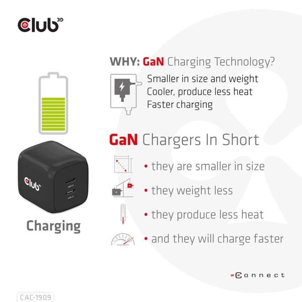 CLUB3D-matkalaturi PPS 45W GAN-tekniikka - Kaksiporttinen USB Type-C - Power Delivery (PD) 3.0 -tuki (CAC-1909EU)