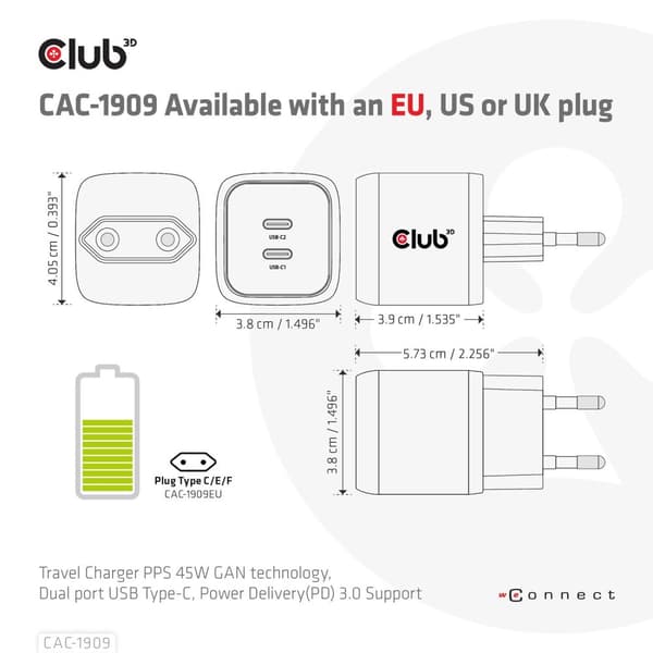 CLUB3D-matkalaturi PPS 45W GAN-tekniikka - Kaksiporttinen USB Type-C - Power Delivery (PD) 3.0 -tuki (CAC-1909EU)