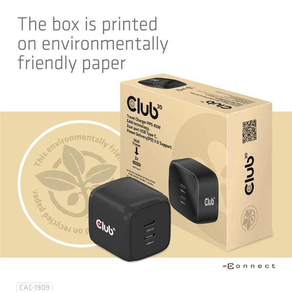 CLUB3D-matkalaturi PPS 45W GAN-tekniikka - Kaksiporttinen USB Type-C - Power Delivery (PD) 3.0 -tuki (CAC-1909EU)