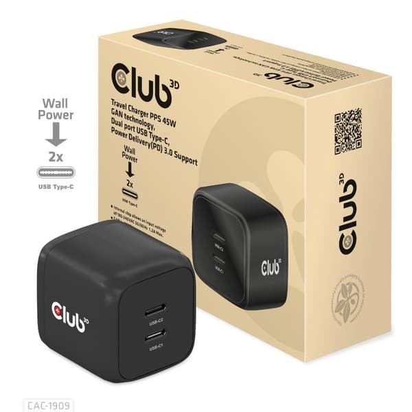 CLUB3D-matkalaturi PPS 45W GAN-tekniikka - Kaksiporttinen USB Type-C - Power Delivery (PD) 3.0 -tuki (CAC-1909EU)