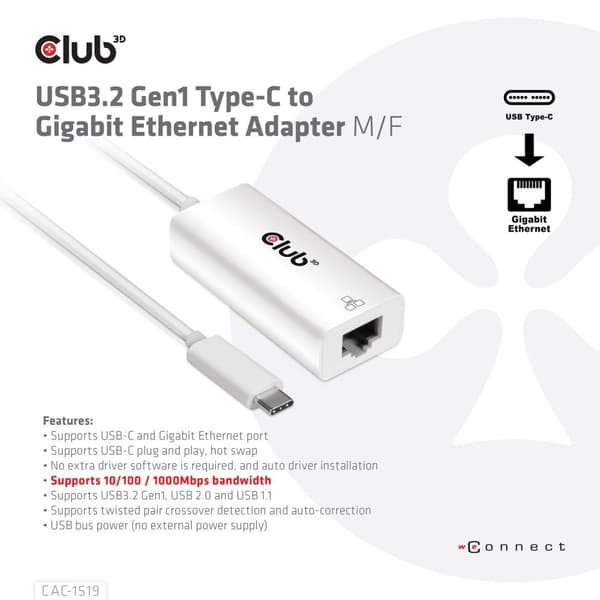 Club 3D CAC-1519 - Nätverksadapter - USB-C 3.2 Gen 1 - Gigabit Ethernet