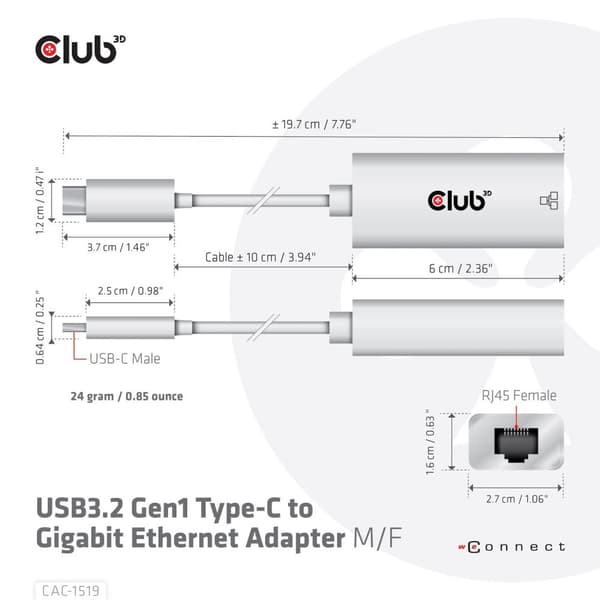 Club 3D CAC-1519 - Nätverksadapter - USB-C 3.2 Gen 1 - Gigabit Ethernet