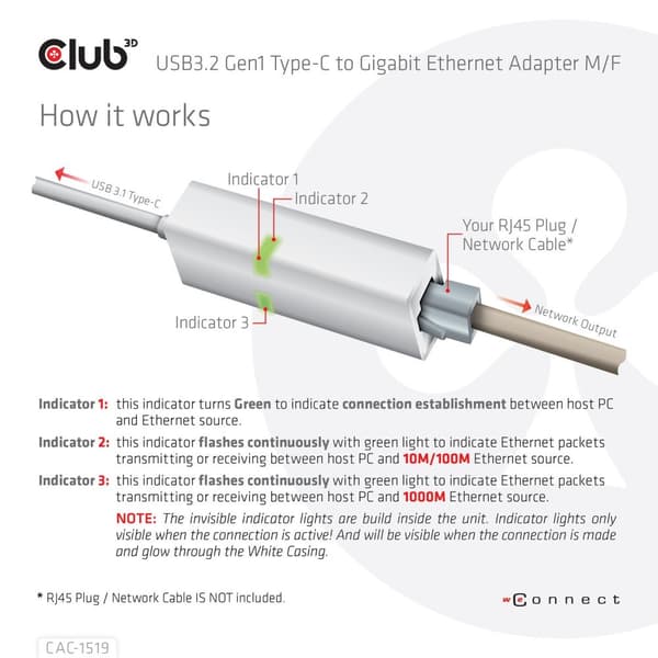 Club 3D CAC-1519 - Nätverksadapter - USB-C 3.2 Gen 1 - Gigabit Ethernet