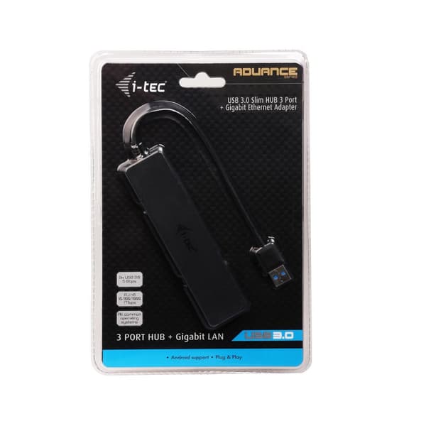 i-tec USB 3.0 Slim HUB 3-portar + Gigabit Ethernet-adapter, USB 3.0 till RJ-45, 10/100/1000 Mbps, 3x USB 3.0-port, för Notebook Ultrabook Tablet PC, W