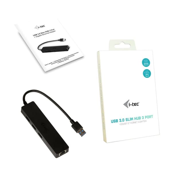 i-tec USB 3.0 Slim HUB 3-portar + Gigabit Ethernet-adapter, USB 3.0 till RJ-45, 10/100/1000 Mbps, 3x USB 3.0-port, för Notebook Ultrabook Tablet PC, W