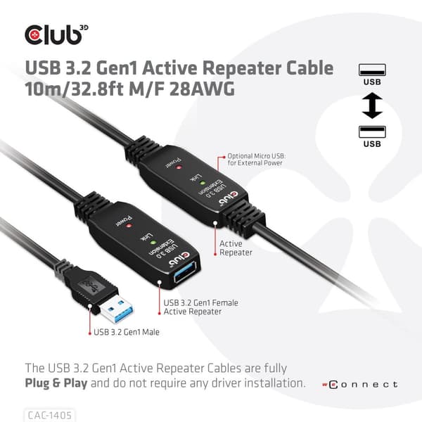 Club 3D USB 3.2 Gen1 aktiv förlängningskabel 10 meter M/W 28AWG