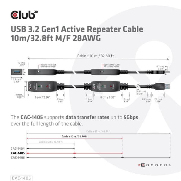 Club 3D USB 3.2 Gen1 aktiv förlängningskabel 10 meter M/W 28AWG