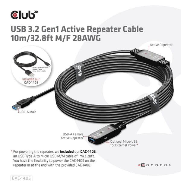 Club 3D USB 3.2 Gen1 aktiv förlängningskabel 10 meter M/W 28AWG