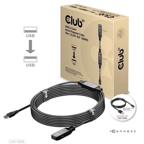 Club 3D USB 3.2 Gen1 aktiv förlängningskabel 10 meter M/W 28AWG