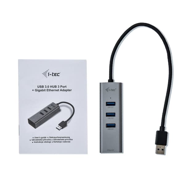 i-tec USB 3.0 Metal 3-Port USB HUB med Gigabit Ethernet Adapter - 1x USB 3.0 til RJ-45, 3x USB 3.0, LED-indikatorlys til Ethernet-port