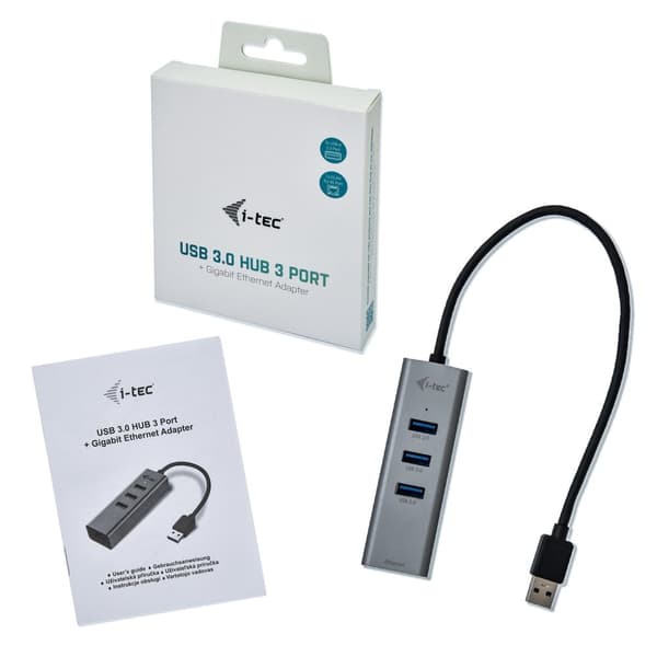 i-tec USB 3.0 Metal 3-Port USB HUB med Gigabit Ethernet Adapter - 1x USB 3.0 til RJ-45, 3x USB 3.0, LED-indikatorlys til Ethernet-port