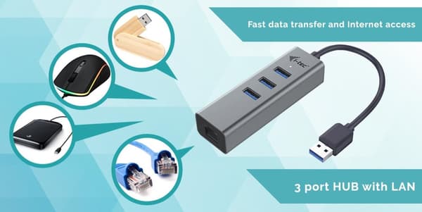 i-tec USB 3.0 Metal 3-Port USB HUB med Gigabit Ethernet Adapter - 1x USB 3.0 til RJ-45, 3x USB 3.0, LED-indikatorlys til Ethernet-port
