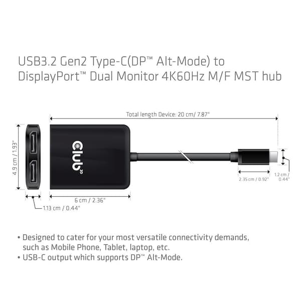 Club 3D Multi Stream Transporter (MST) Hub USB3.2 Gen2 Typ-C till DisplayPort™ Dual Monitor 4K60Hz St./B