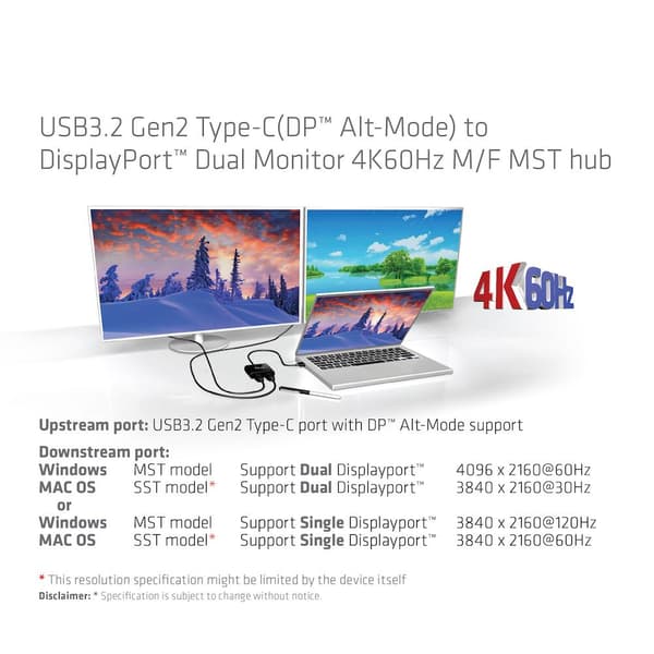 Club 3D Multi Stream Transporter (MST) Hub USB3.2 Gen2 Typ-C till DisplayPort™ Dual Monitor 4K60Hz St./B