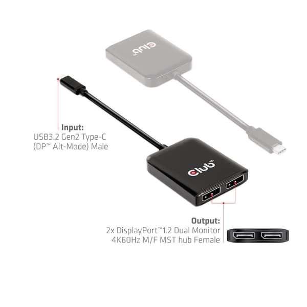 Club 3D Multi Stream Transporter (MST) Hub USB3.2 Gen2 Typ-C till DisplayPort™ Dual Monitor 4K60Hz St./B