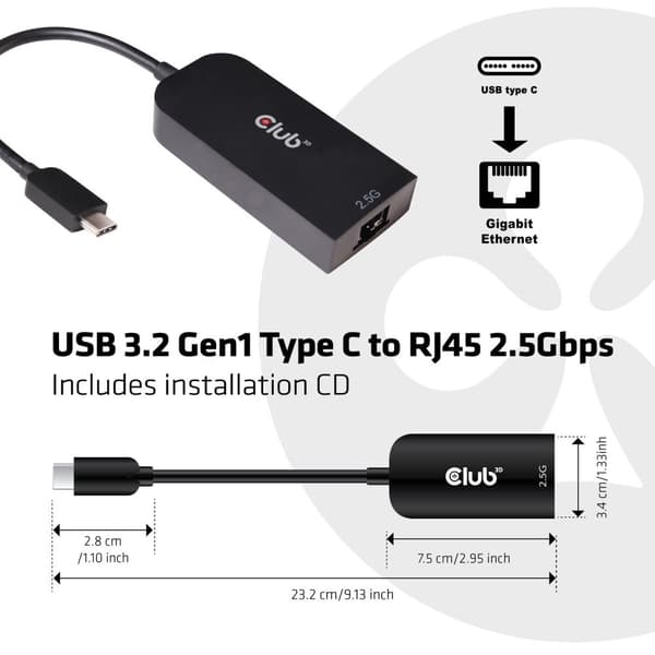 CLUB3D USB 3.2 Gen1 Typ C till RJ45 2,5 Gbps-adapter