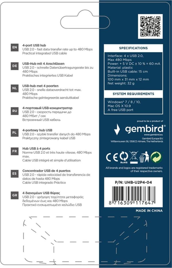 Gembird UHB-U2P4-04 gränssnittshub USB 2.0 480 Mbit/s Svart