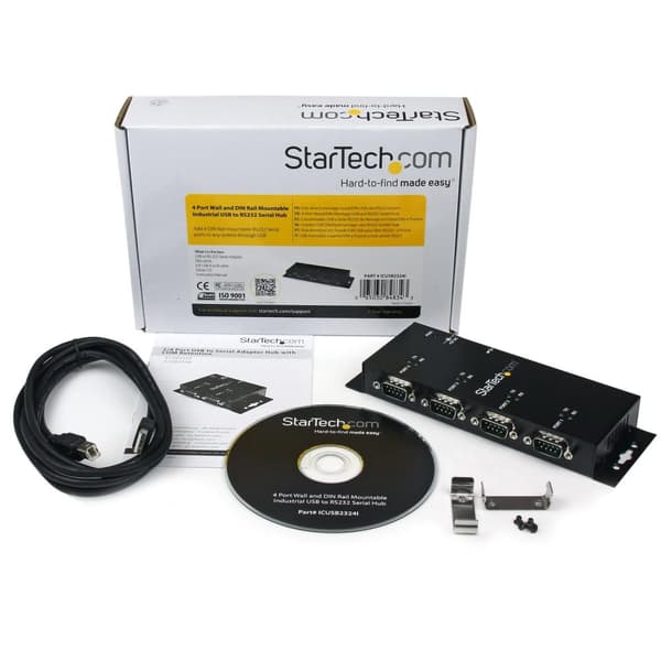 StarTech 4-ports USB til DB9 RS232 seriel adapterhub – Industriel DIN-skinne og vægmontering