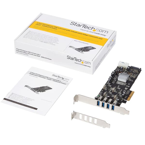 StarTech.com 4-porttinen USB3.0 SuperSpeed PCI Express -liitäntäkortti, jossa on 4 5Gb/s-kanavaa ja UASP - SATA/LP4-virtalähde - USB-sovitin - PCI Exp
