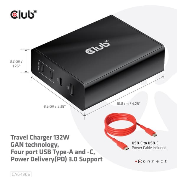 Club 3D CAC-1906 - Virtalähde - AC 100-240V - 132 Watt - Lähtöliittimet: 4