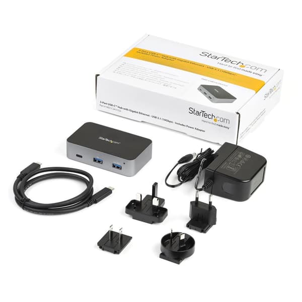 StarTech.com HB31C2A1CGS 3-portars USB-C-hubb (LAN-hubb, 10 Gbit/s, 2x USB-A och 1x USB-C, 1m värdkabel, strömförsörjd, med strömförsörjning) - Hub -