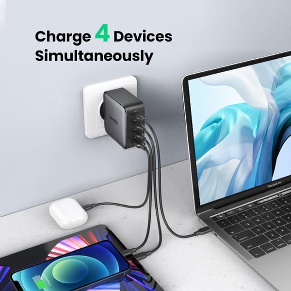 Ugreen - 4 i 1 GaN-stik - 100W oplader med USB C og USB A - Space Grey