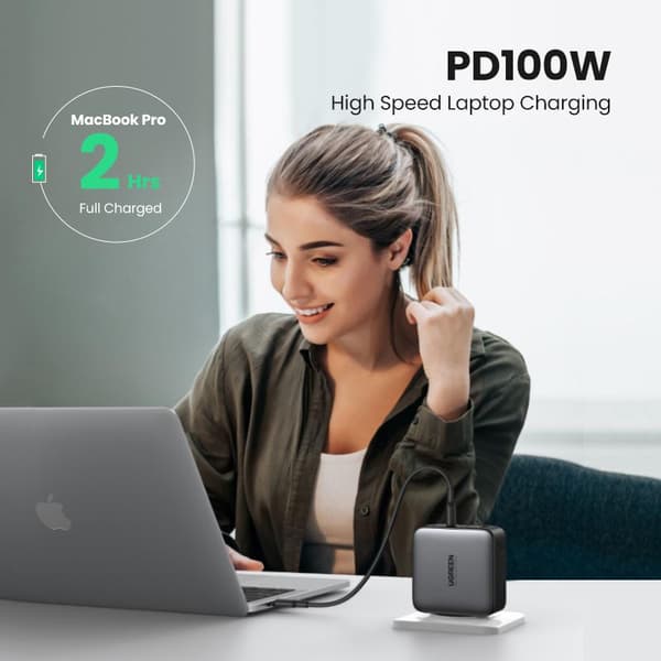 Ugreen - 4 i 1 GaN-stik - 100W oplader med USB C og USB A - Space Grey