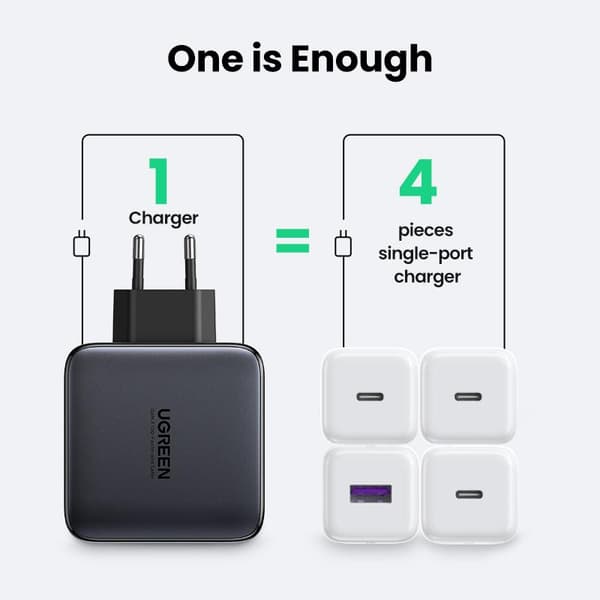 Ugreen - 4 i 1 GaN-stik - 100W oplader med USB C og USB A - Space Grey