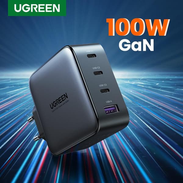 Ugreen - 4 i 1 GaN-stik - 100W oplader med USB C og USB A - Space Grey