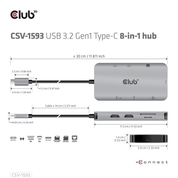 Club 3D Club3D - Dockningsstation - USB-C 3.2 Gen 1 / Thunderbolt 3 - HDMI - GigE (CSV-1593)