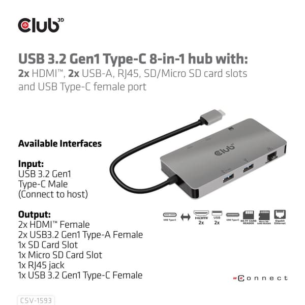 Club 3D Club3D - Dockningsstation - USB-C 3.2 Gen 1 / Thunderbolt 3 - HDMI - GigE (CSV-1593)