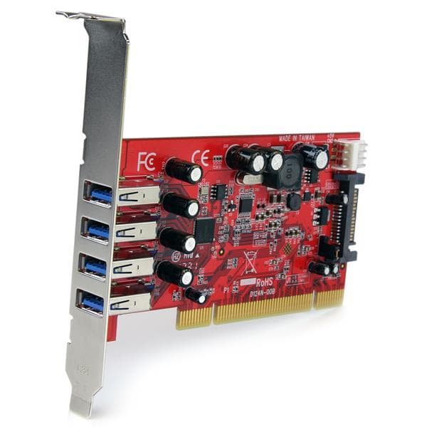 StarTech.com 4 Port USB3.0 PCI Interface Card - PCI SuperSpeed USB3.0 Controller Card - USB Adapter - PCI-X Low Profile - USB3.0 x 4 - Rød (PCIUSB3S4)