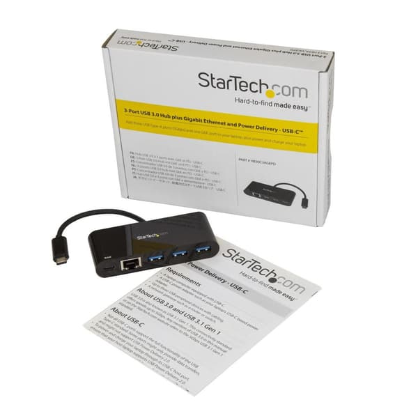 StarTech.com 3 Port USB 3.0 Hub med Gigabit Ethernet och strömförsörjning - USB Typ C Hub med GbE och PD 2.0