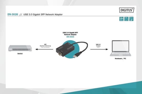 Digitus dator, fiberoptik, bärbar dator, USB 3.2 Gen 1 (USB 3.0), nätverksadapter [1x USB - 1x SFP-kortplats] DN-3026