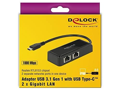 DeLock Adapter USB-C 3.1 Gen 1 > 2 x Gigabit LAN 10/100/1000 Mb/s - Netværksadapter - USB 3.1 Gen 1 - Gigabit Ethernet x 2 - Sort (63927)