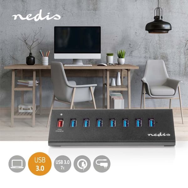 Nedis USB Hub | 8 Havne Havn(e) | QC3.0 / USB 3.2 Gen1 | Strømforsyning / USB-drevet | 5 Gbps | 8x USB
