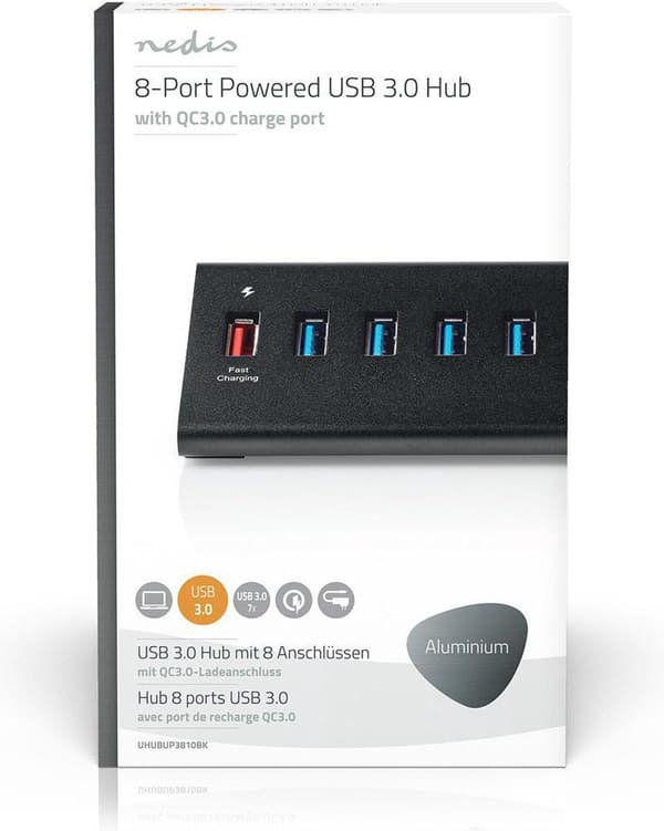 Nedis USB Hub | 8 Havne Havn(e) | QC3.0 / USB 3.2 Gen1 | Strømforsyning / USB-drevet | 5 Gbps | 8x USB