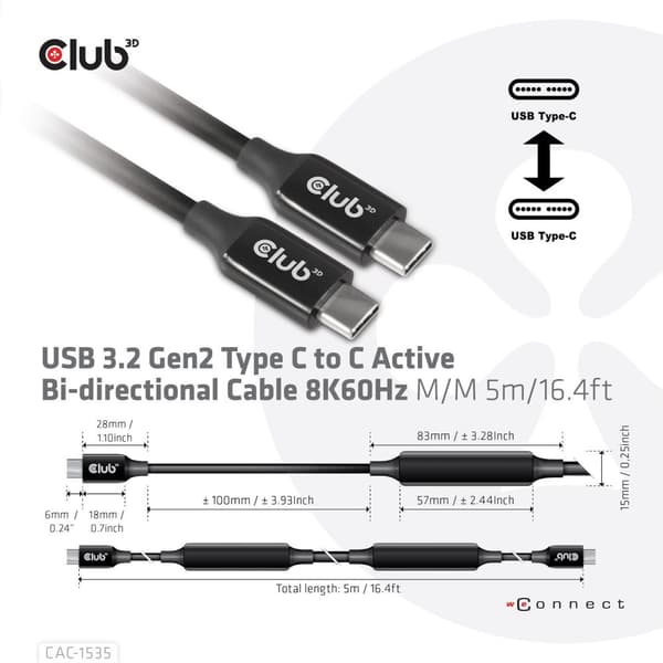 Club 3D CAC-1535 USB 3.2 GEN 2 Type-C–C aktiivinen kaksisuuntainen kaapeli 8K60HZ Data 10GBPS ja PD