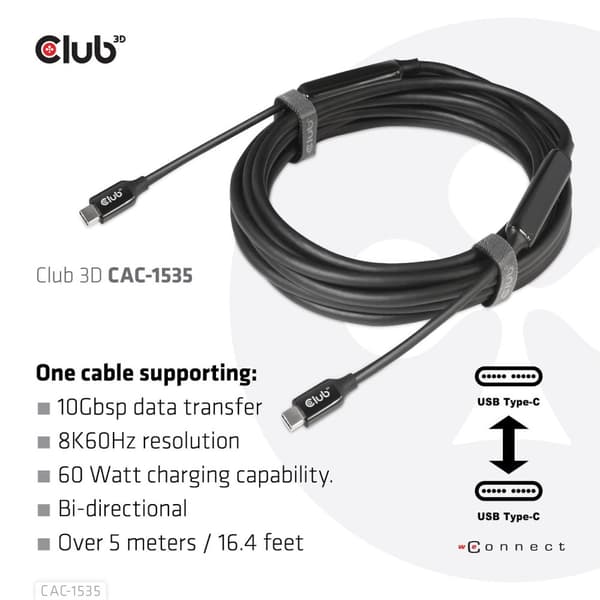 Club 3D CAC-1535 USB 3.2 GEN 2 Type-C–C aktiivinen kaksisuuntainen kaapeli 8K60HZ Data 10GBPS ja PD