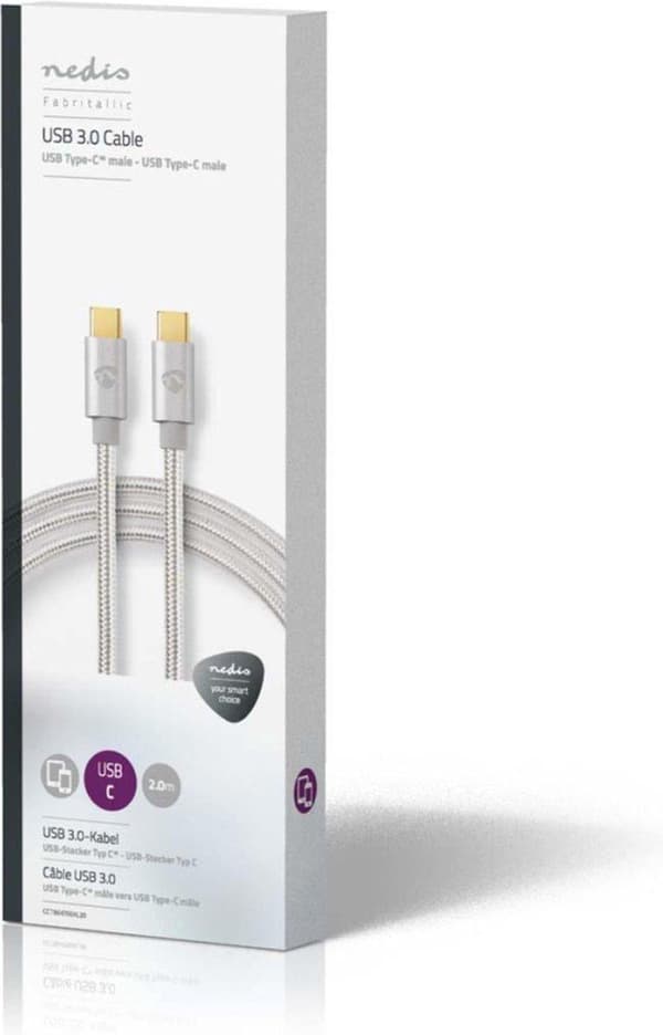USB-kabel | USB 3.2 Gen 1 | USB-C™ hane | USB-C™ hane | 5 Gbps | guldpläterad | 2,00 m | Runda | Stickad / Nylon | Aluminium | Täckfönsterlåda