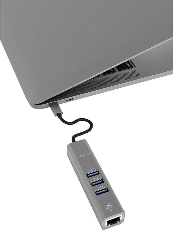 TERRATEC Connect C2 USB-C Gigabit Ethernet-adapter och 3-portars USB 3.0 Hub Silver Aluminium
