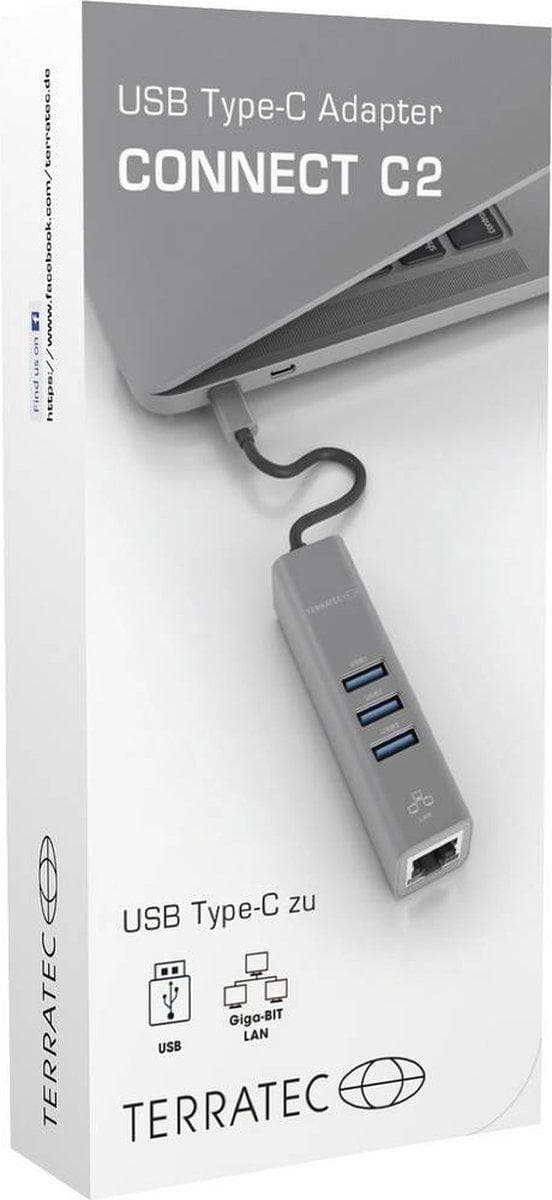 TERRATEC Connect C2 USB-C Gigabit Ethernet-adapter och 3-portars USB 3.0 Hub Silver Aluminium