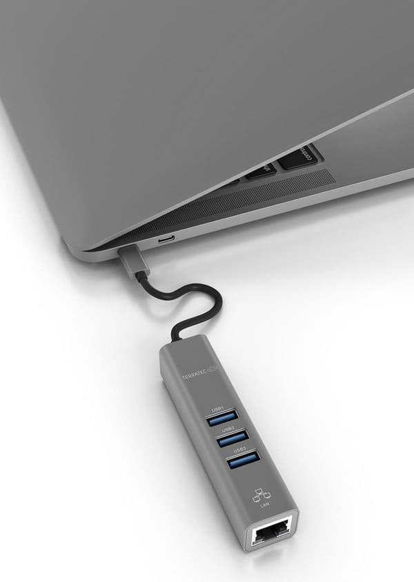 TERRATEC Connect C2 USB-C Gigabit Ethernet-adapter och 3-portars USB 3.0 Hub Silver Aluminium