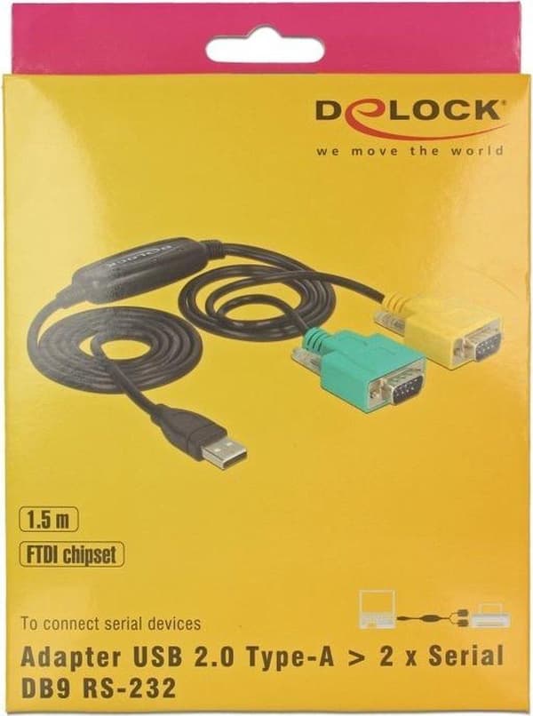 DeLOCK USB-A (m) till 2x 9-stift SUB-D med skruvar (m) seriell RS232-adapter / FTDI-chip - 1,5 meter